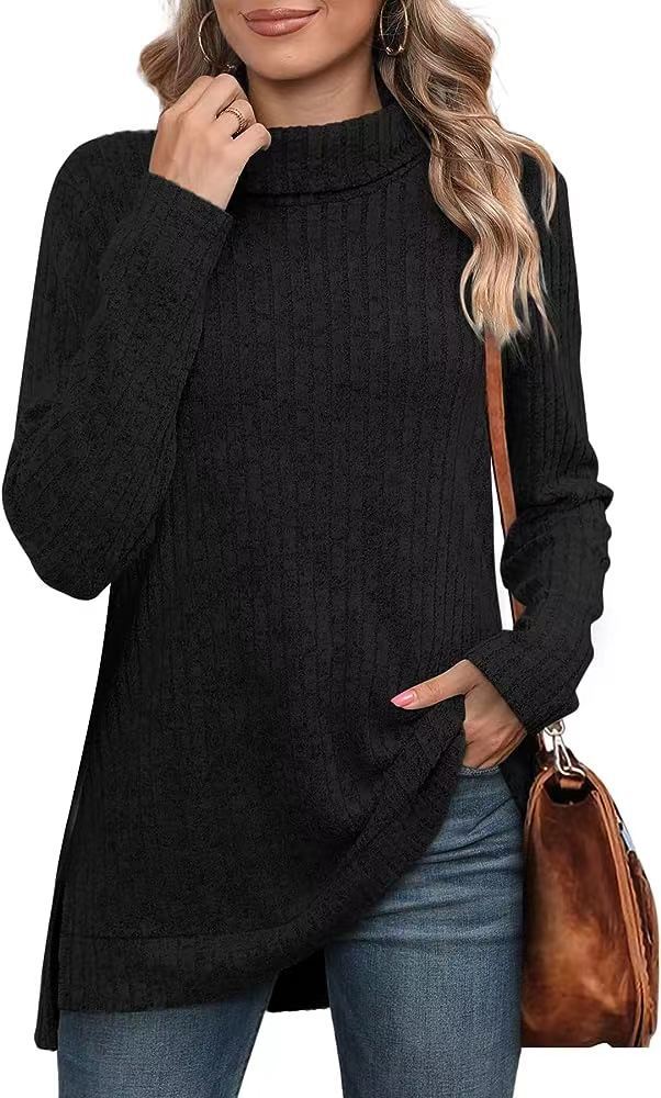 Wholesale Autumn and Winter High Neck Slit Long Sleeve Loose Casual T-shirt Tops